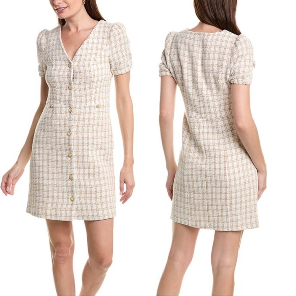 Nanette Lepore Tan and White Puff Sleeve Sheath Dress